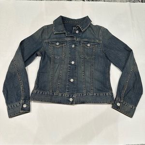 Gap Denim Jean Jacket Dark Wash Distressed Button Front Stretch Pockets Size S
